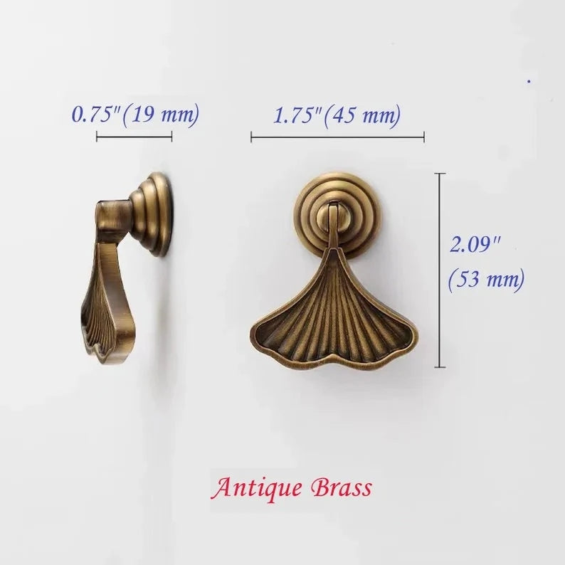 Ginkgo Leaf Drop Drawer Pulls, Solid Brass Pendant Cabinet Knobs, Nickel Gold Chrome Antique Brass