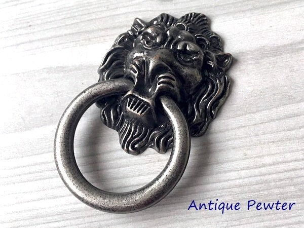 Lion Knob, Door Knocker, Lion Head Drop Ring Drawer Pull, Gold, Black, Bronze, Pewter, Silver