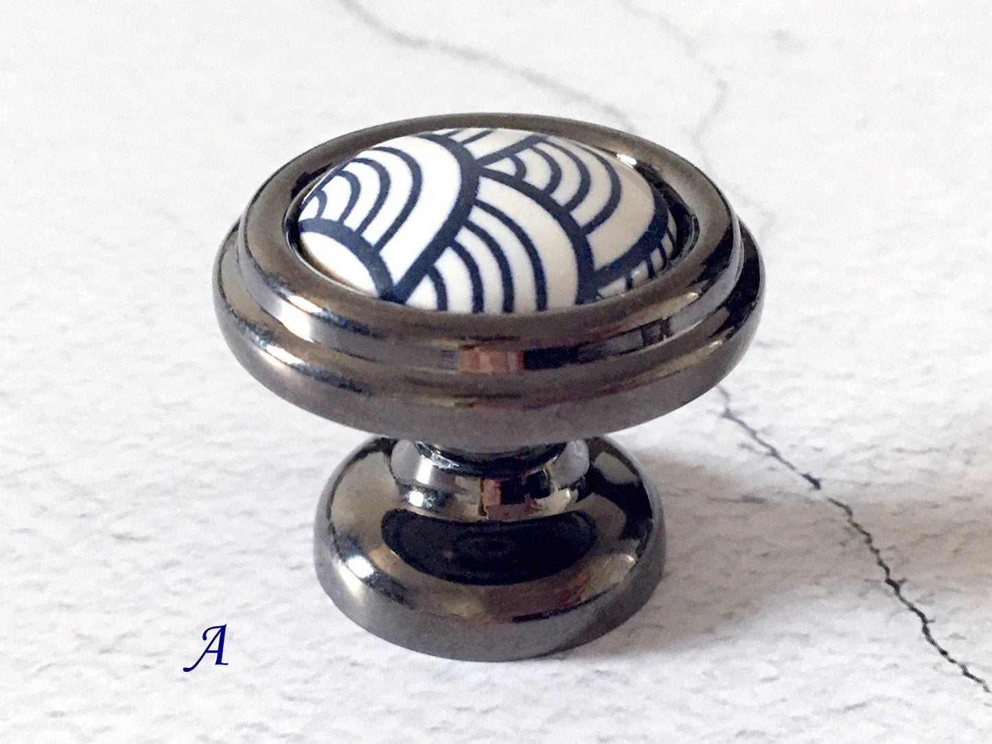3.75" 5" Porcelain Cabinet Pulls, Blue White Scallop, Geometric Fish Scale, 96 128 mm Holes
