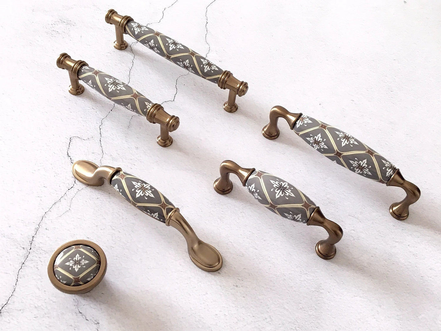 Bohemian Cabinet Pulls, Diamond Pattern, Porcelain, 3.75" and 5" centers