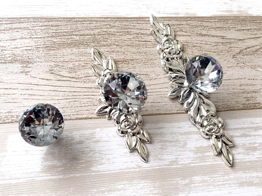 Glass Dresser Pull, Crystal Drawer Knob w. Back Plates