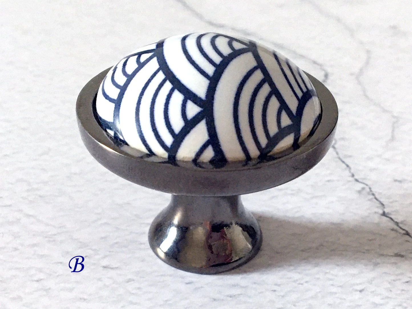 3.75" 5" Porcelain Cabinet Pulls, Blue White Scallop, Geometric Fish Scale, 96 128 mm Holes