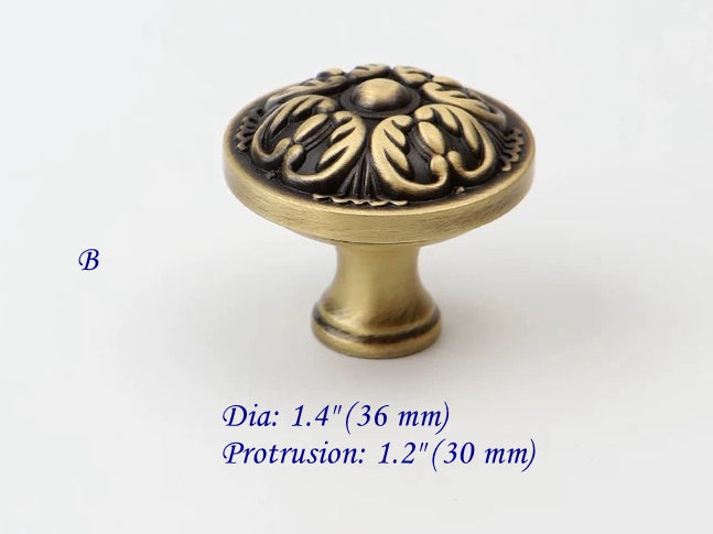 Antique Bronze Cabinet Knob, Floral Drawer Pull, Solid Brass, Embossed Pattern