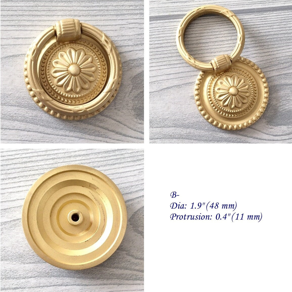 Brass Drop Ring Drawer Pulls, Lion Head, Oval, Floral Backplate, Tassel, Starburst, Clover