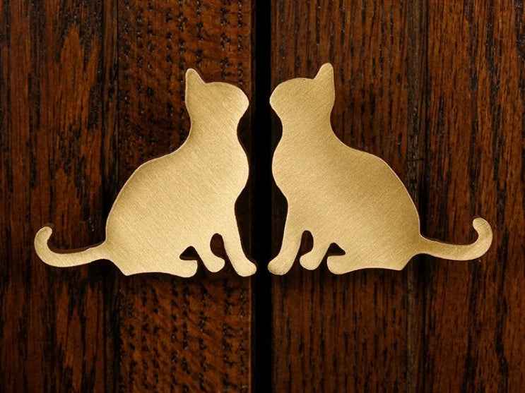 Gold Brass Cat Shaped Cabinet Door Knobs | Animal Drawer Pull