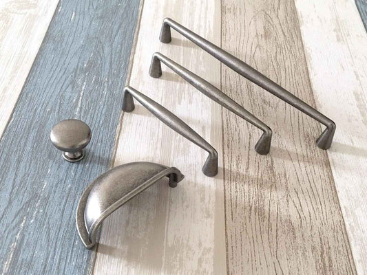 Antique Pewter Cabinet D Handle & Cup Pull, 76 96 128 192 mm