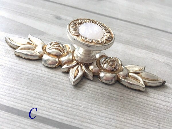 Drawer Knobs with Backplate, Shabby Chic, White Antique Silver