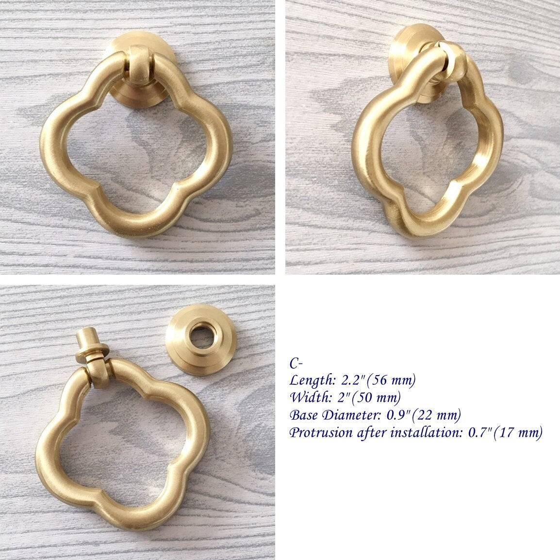 Brass Drop Ring Drawer Pulls, Lion Head, Oval, Floral Backplate, Tassel, Starburst, Clover