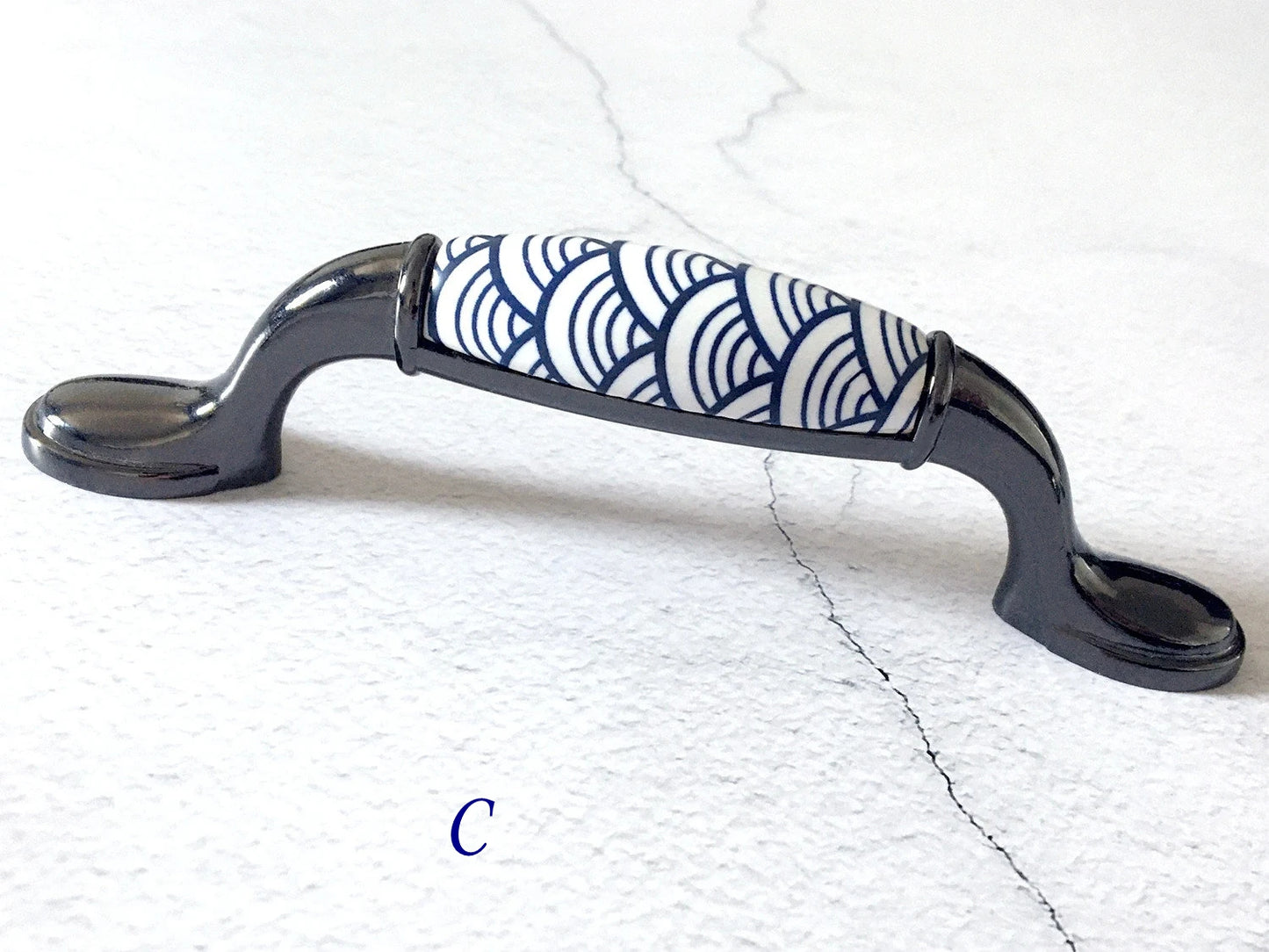 3.75" 5" Porcelain Cabinet Pulls, Blue White Scallop, Geometric Fish Scale, 96 128 mm Holes