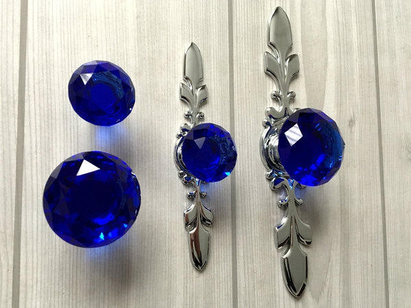 Blue Glass Drawer Knobs with Backplate, Polished Chrome, Kitchen Hardware