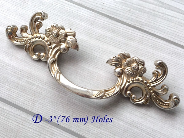 French Provincial Floral Leafy Knobs & Drawer Pulls, Antique Silver, 1.75" 2.5" 3" C-C