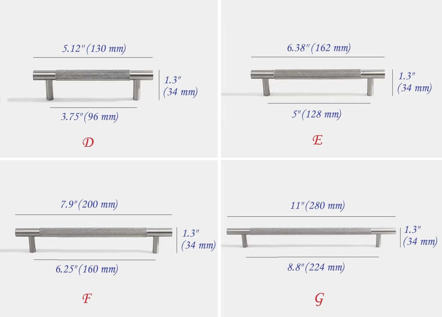 Knurled Cabinet Bar Pulls Solid Brass, Brushed Nickel, Modern Kitchen Hardware