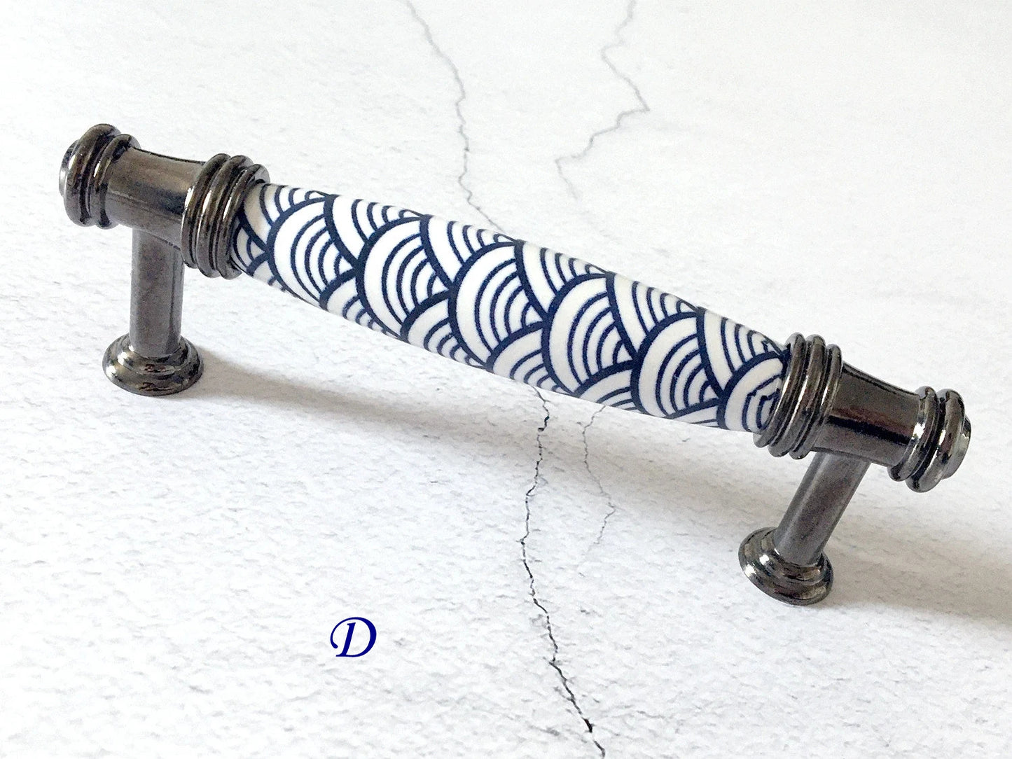 3.75" 5" Porcelain Cabinet Pulls, Blue White Scallop, Geometric Fish Scale, 96 128 mm Holes