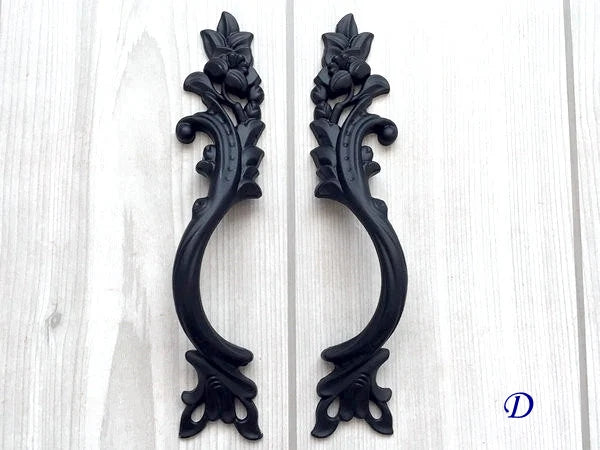 Black Leafy Cabinet Drawer Pulls, Floral Knob, Pair Vertical Handles