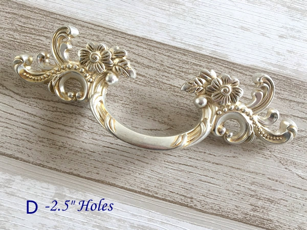French Provincial Floral Leafy Knobs & Drawer Pulls, Antique Silver, 1.75" 2.5" 3" C-C
