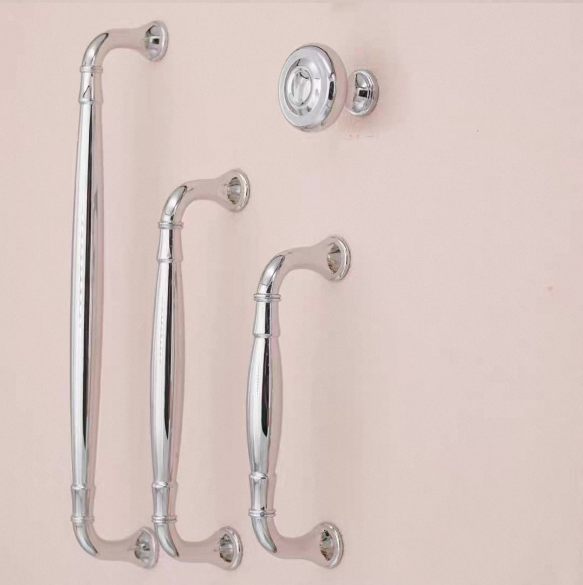 Polished chrome kitchen handles with 3.75, 5 and 7.5 inch hole spacing