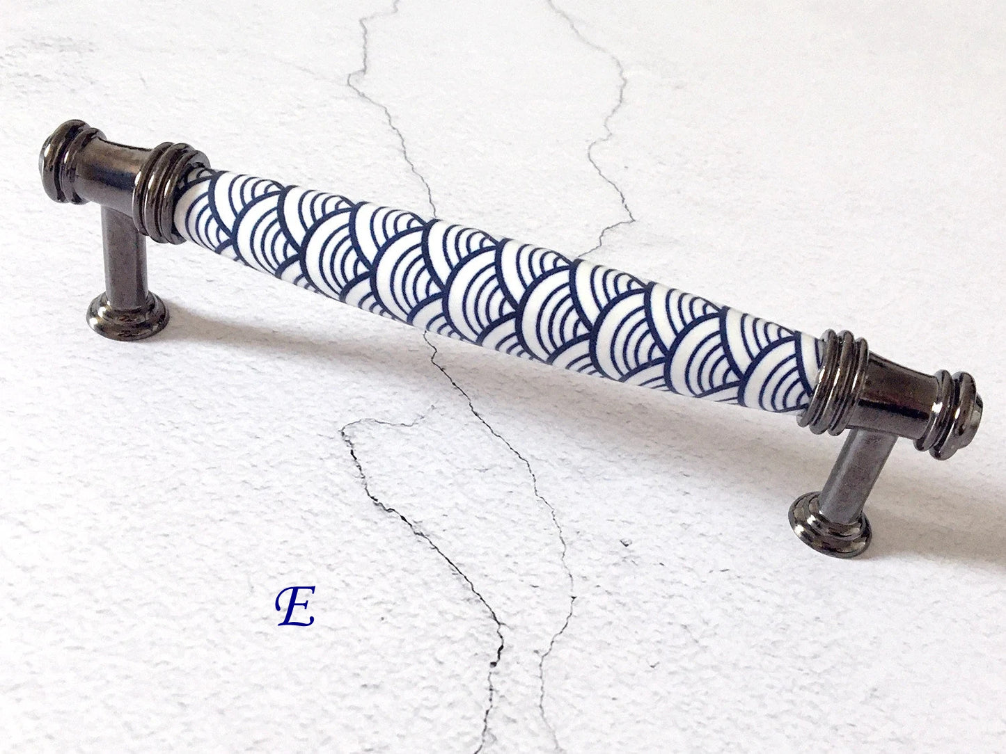 3.75" 5" Porcelain Cabinet Pulls, Blue White Scallop, Geometric Fish Scale, 96 128 mm Holes