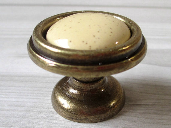 4.5" Centers Vintage Style Drop Bail Drawer Pulls, Round Knobs, Cream Antique Bronze