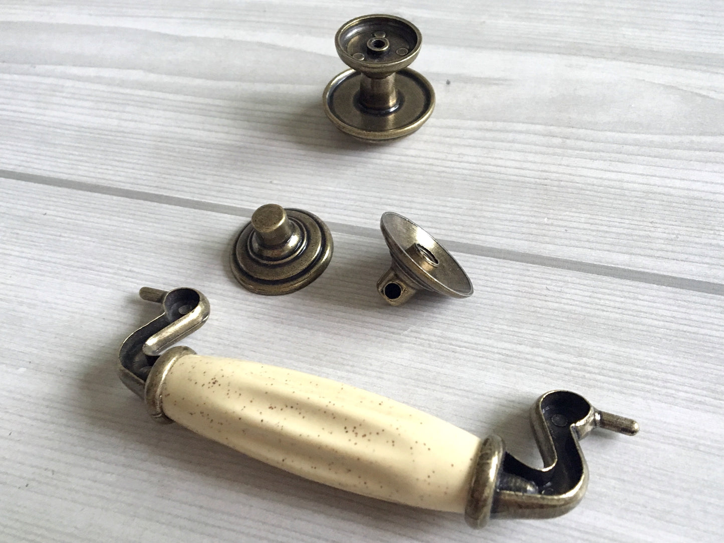 4.5" Centers Vintage Style Drop Bail Drawer Pulls, Round Knobs, Cream Antique Bronze