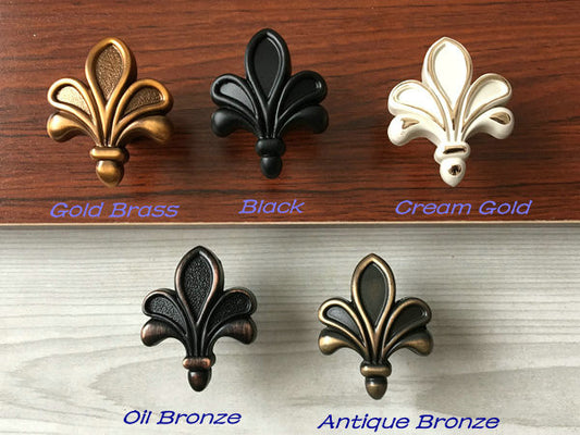 Fleur De Lis Cabinet Pulls, Vintage Style Drawer Knobs, Bronze Black White Gold Brass