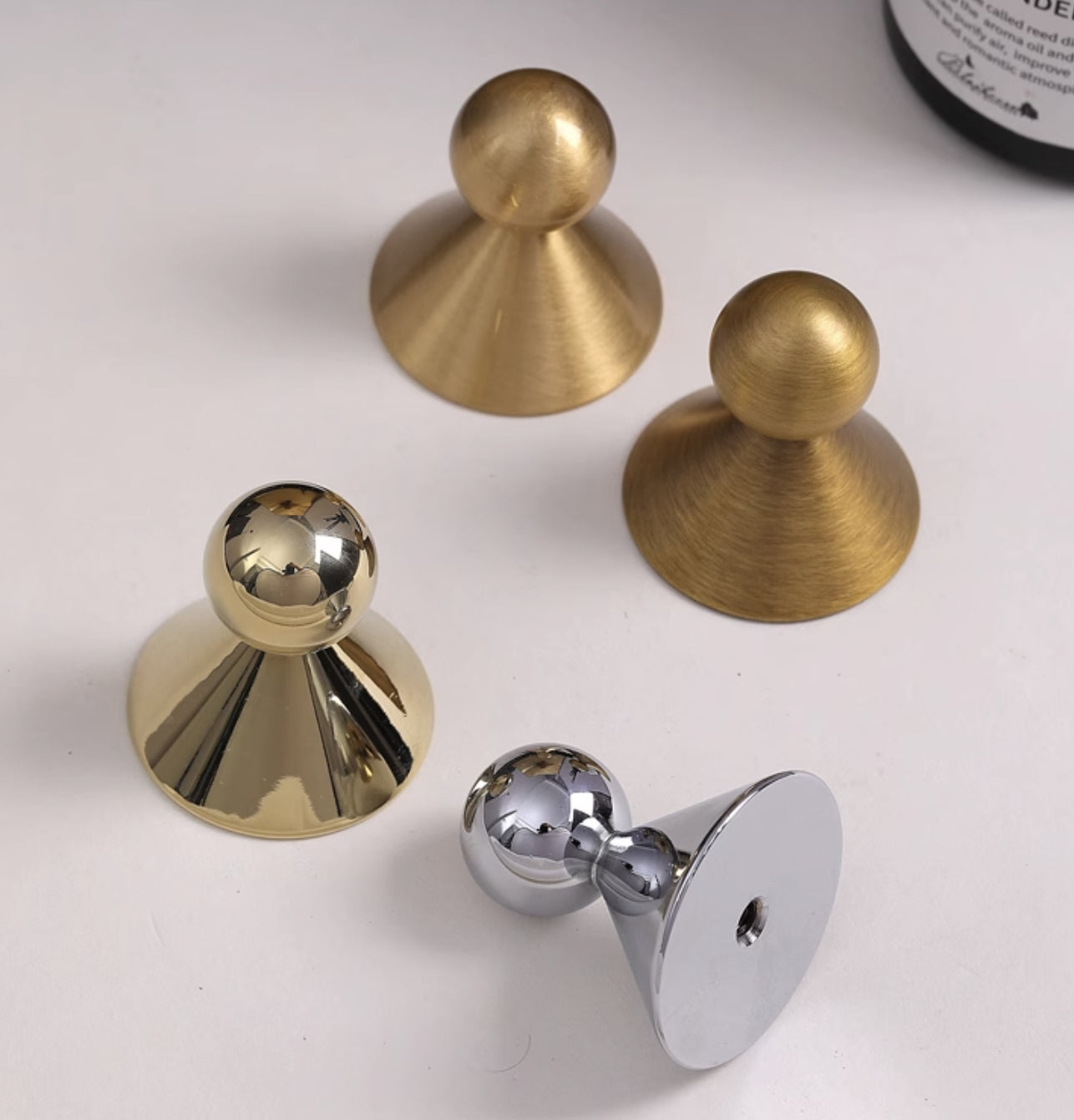 Ball Brass Knob with Conical Base, Drawer Pulls, Chrome Bronze Gold, Scandinavian Kitchen Cabinet Hardware