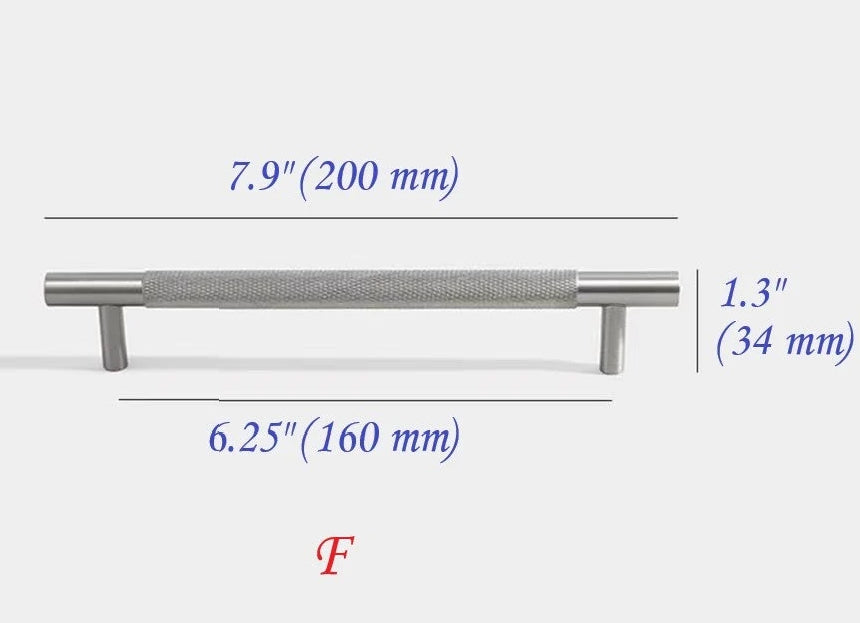Knurled Cabinet Bar Pulls Solid Brass, Brushed Nickel, Modern Kitchen Hardware