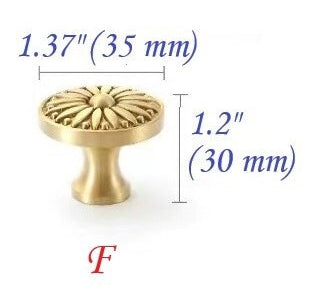 Brass Flower Patterned Knobs, Floral Drawer Pulls, Brushed Gold, Kitchen Cabinet Hardware
