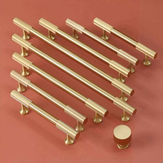 Fluted Gold Brass Cabinet Bar Handle & Drawer Knob - 3.75" to 12.5"