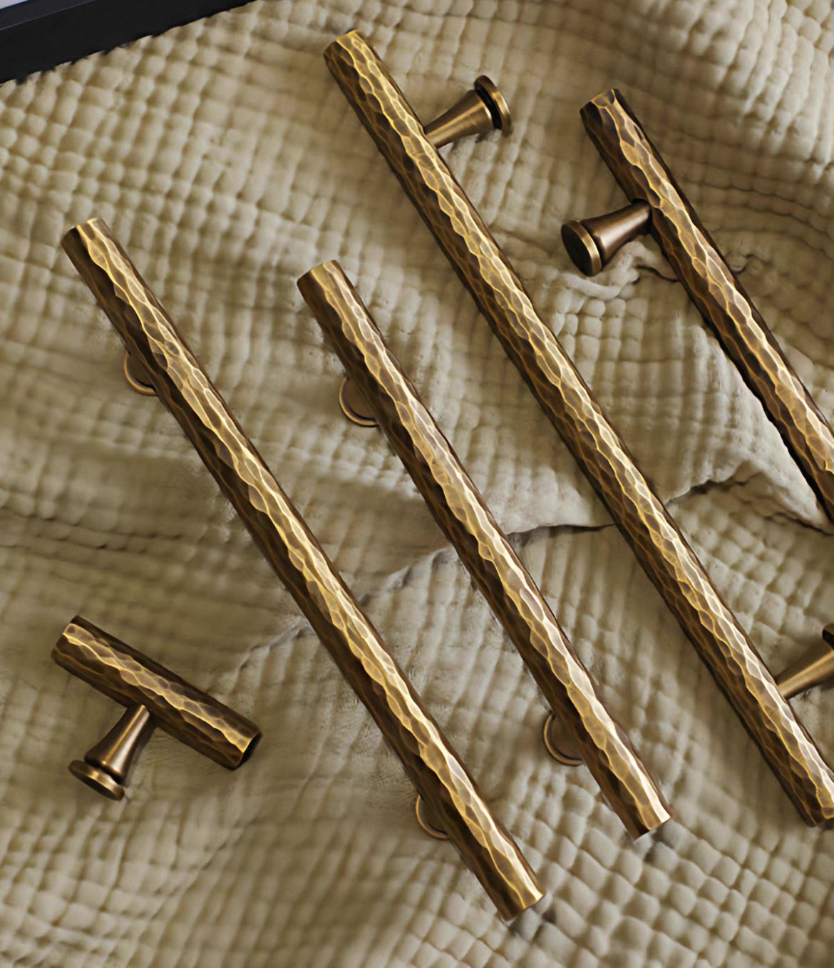 Contemporary hammered aged bronze kitchen bar handles with 96 mm, 128 mm, 160 mm, 224 mm and 320 mm hole spacing