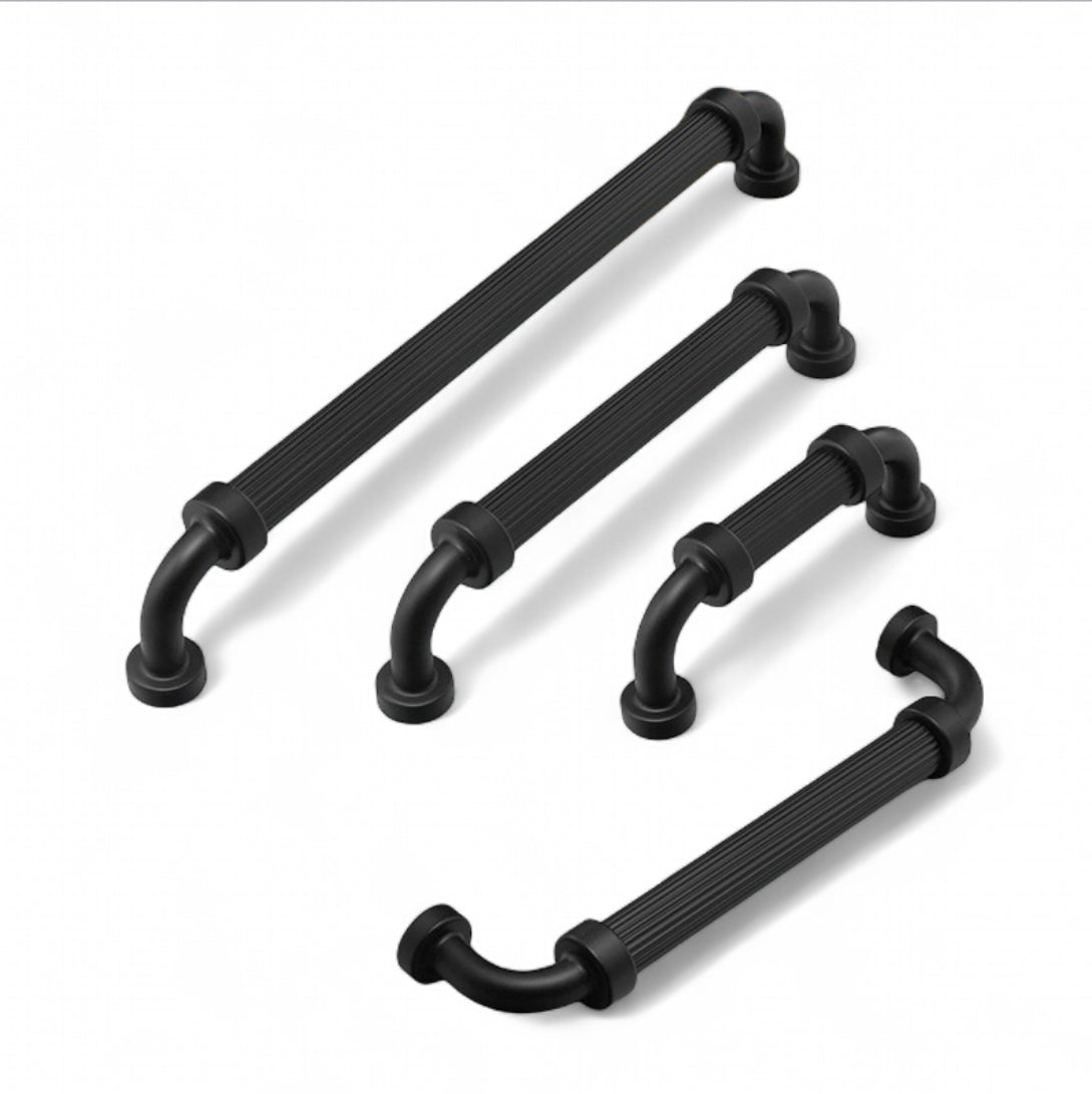 Matte black reeded cabinet d pulls with 76, 128 and 192 mm hole spacing options