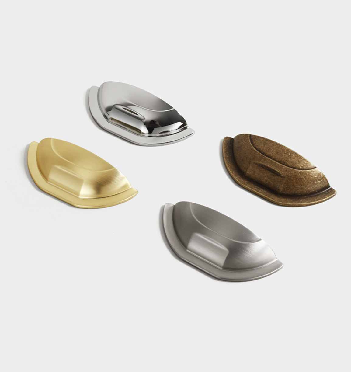 Cabinet shell cup pulls with 2 1/2 inch hole spacing