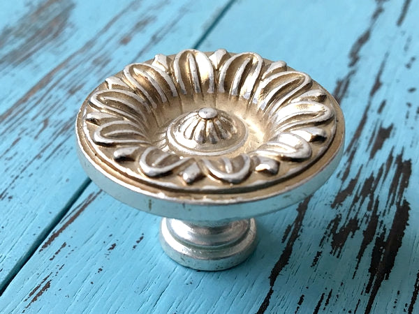 Antique Silver Cabinet Door Handle, Leafy Drawer Pulls, French Provincial Vertical Hardware