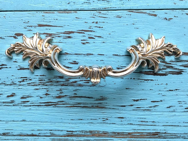Antique Silver Cabinet Door Handle, Leafy Drawer Pulls, French Provincial Vertical Hardware