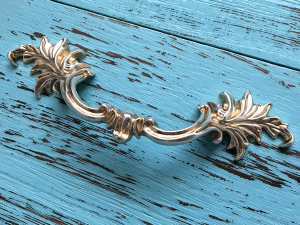 Antique Silver Cabinet Door Handle, Leafy Drawer Pulls, French Provincial Vertical Hardware