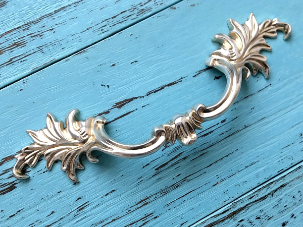 Antique Silver Cabinet Door Handle, Leafy Drawer Pulls, French Provincial Vertical Hardware