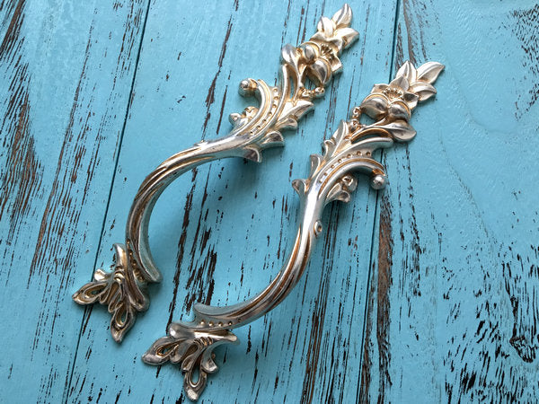 Antique Silver Cabinet Door Handle, Leafy Drawer Pulls, French Provincial Vertical Hardware
