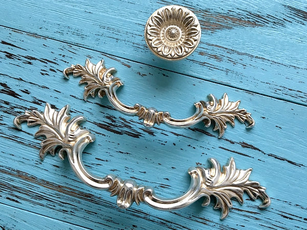 Antique Silver Cabinet Door Handle, Leafy Drawer Pulls, French Provincial Vertical Hardware