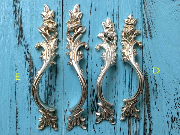 Antique Silver Cabinet Door Handle, Leafy Drawer Pulls, French Provincial Vertical Hardware