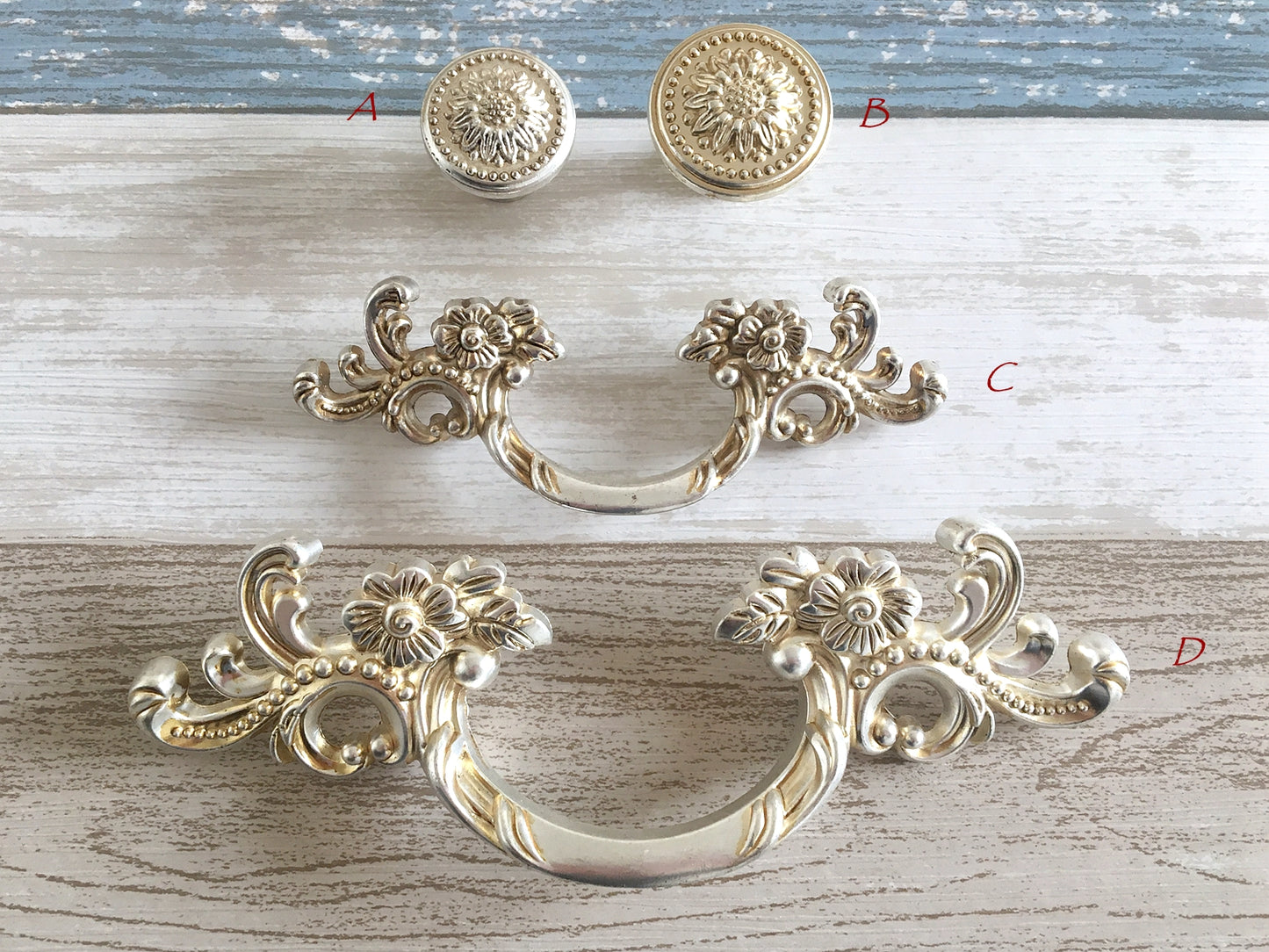 French Provincial Floral Leafy Knobs & Drawer Pulls, Antique Silver, 1.75" 2.5" 3" C-C