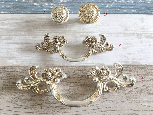 French Provincial Floral Leafy Knobs & Drawer Pulls, Antique Silver, 1.75" 2.5" 3" C-C