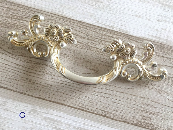French Provincial Floral Leafy Knobs & Drawer Pulls, Antique Silver, 1.75" 2.5" 3" C-C