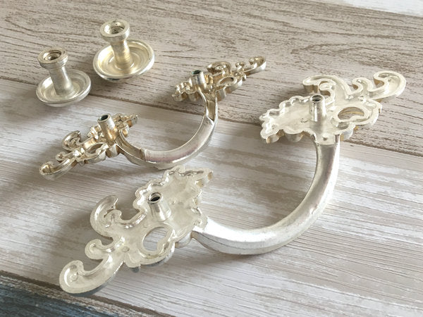 French Provincial Floral Leafy Knobs & Drawer Pulls, Antique Silver, 1.75" 2.5" 3" C-C