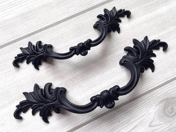 3" 3.75" Centers Black Leafy Drawer Pulls, Floral Knob, Vintage Shabby Chic