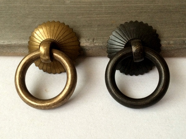 Small Ring Drop Drawer Pulls, Unlacquered Brass, Antique Black, Antique Bronze