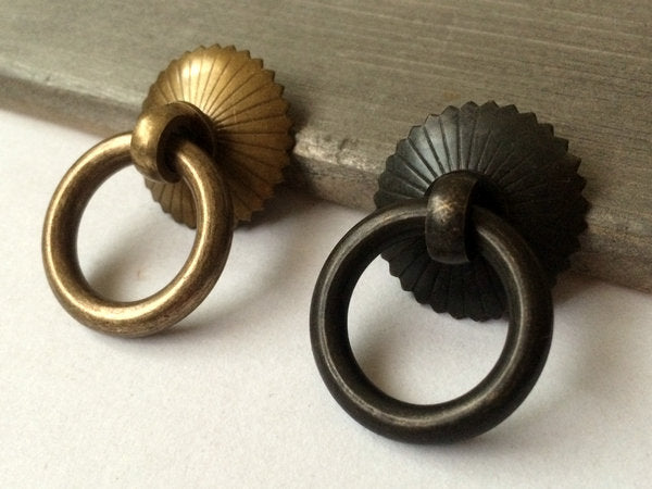 Small Ring Drop Drawer Pulls, Unlacquered Brass, Antique Black, Antique Bronze