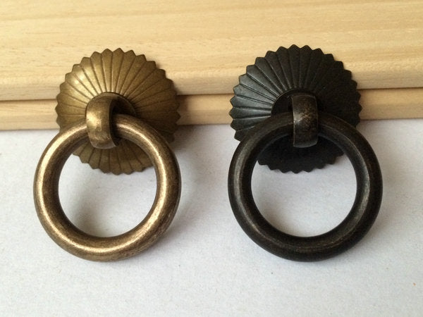 Small Ring Drop Drawer Pulls, Unlacquered Brass, Antique Black, Antique Bronze