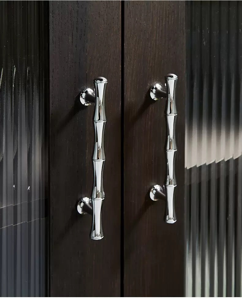 Shiny silver bamboo drawer pulls made from solid brass