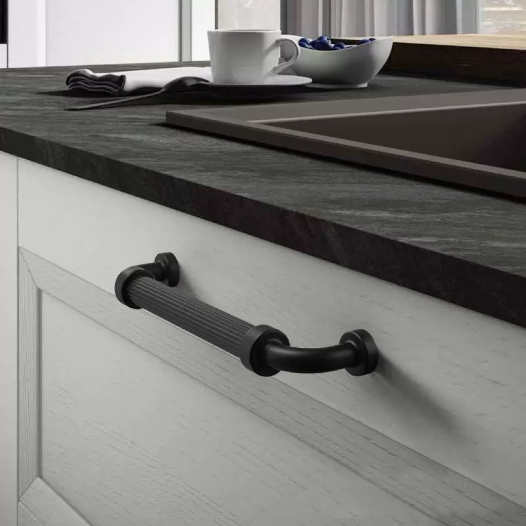 Matte black reeded d shaped drawer handles for classic kitchen decor