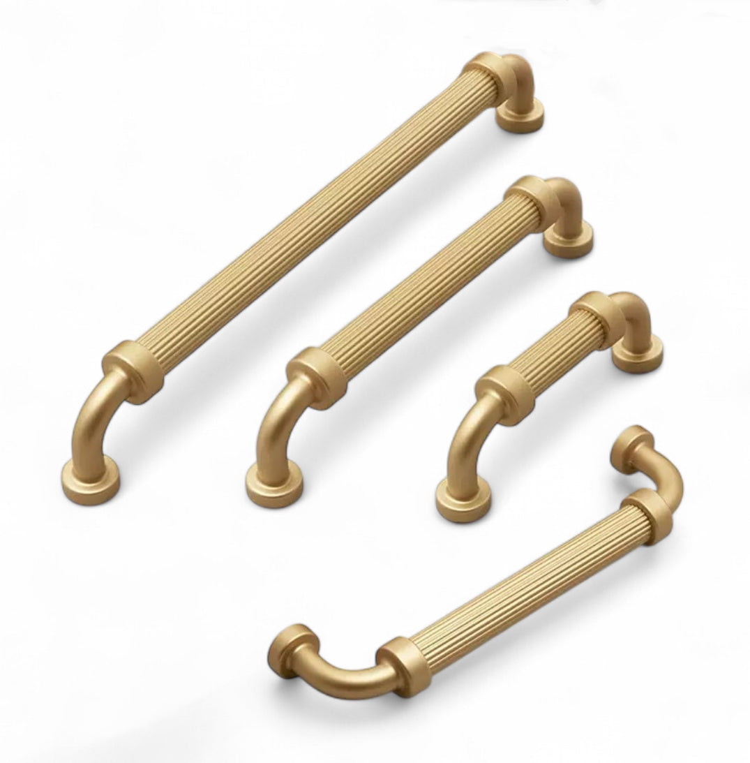Brushed gold reeded cabinet d pulls with 76, 128 and 192 mm hole spacing options