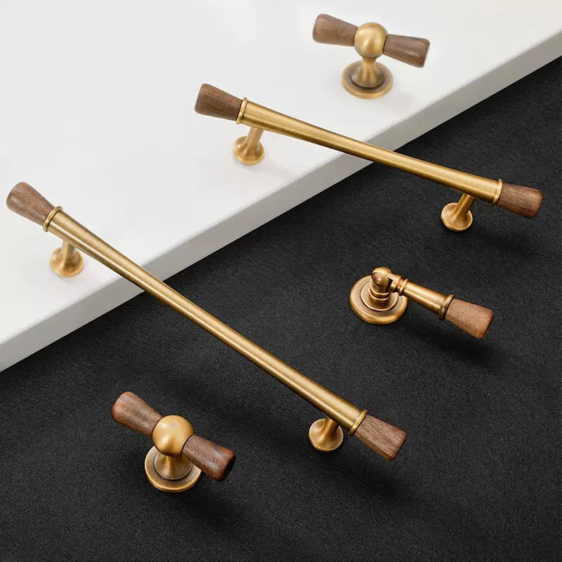 Walnut wood and brass muji style kitchen cabinet handles and knobs